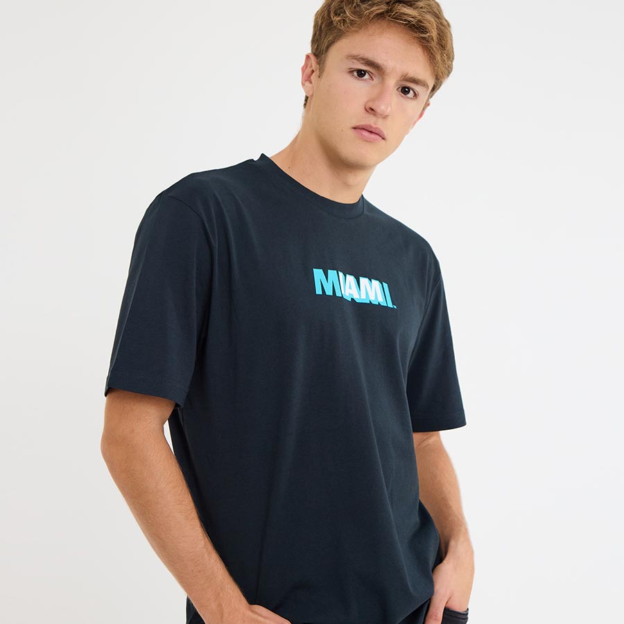 Front view of the black Ocean Drive Miami t-shirt, men's regular fit