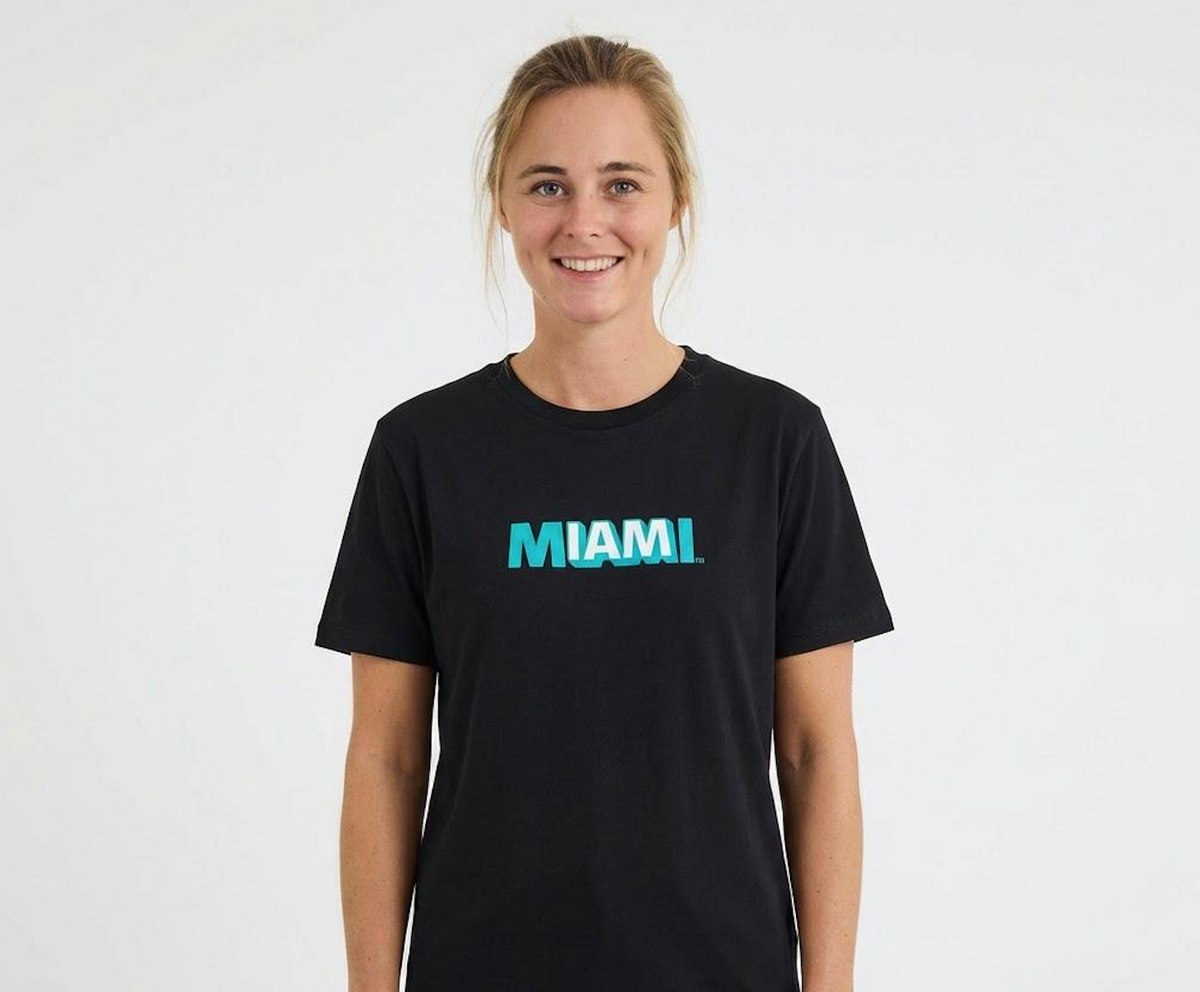 Front view of the black Ocean Drive Miami t-shirt, women's unisex sizing