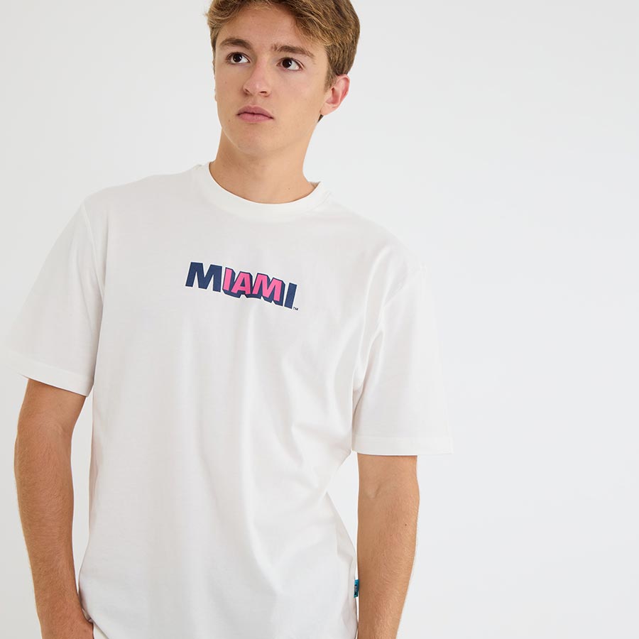 Front view of the white Ocean Drive Miami t-shirt in heavyweight organic cotton, regular fit